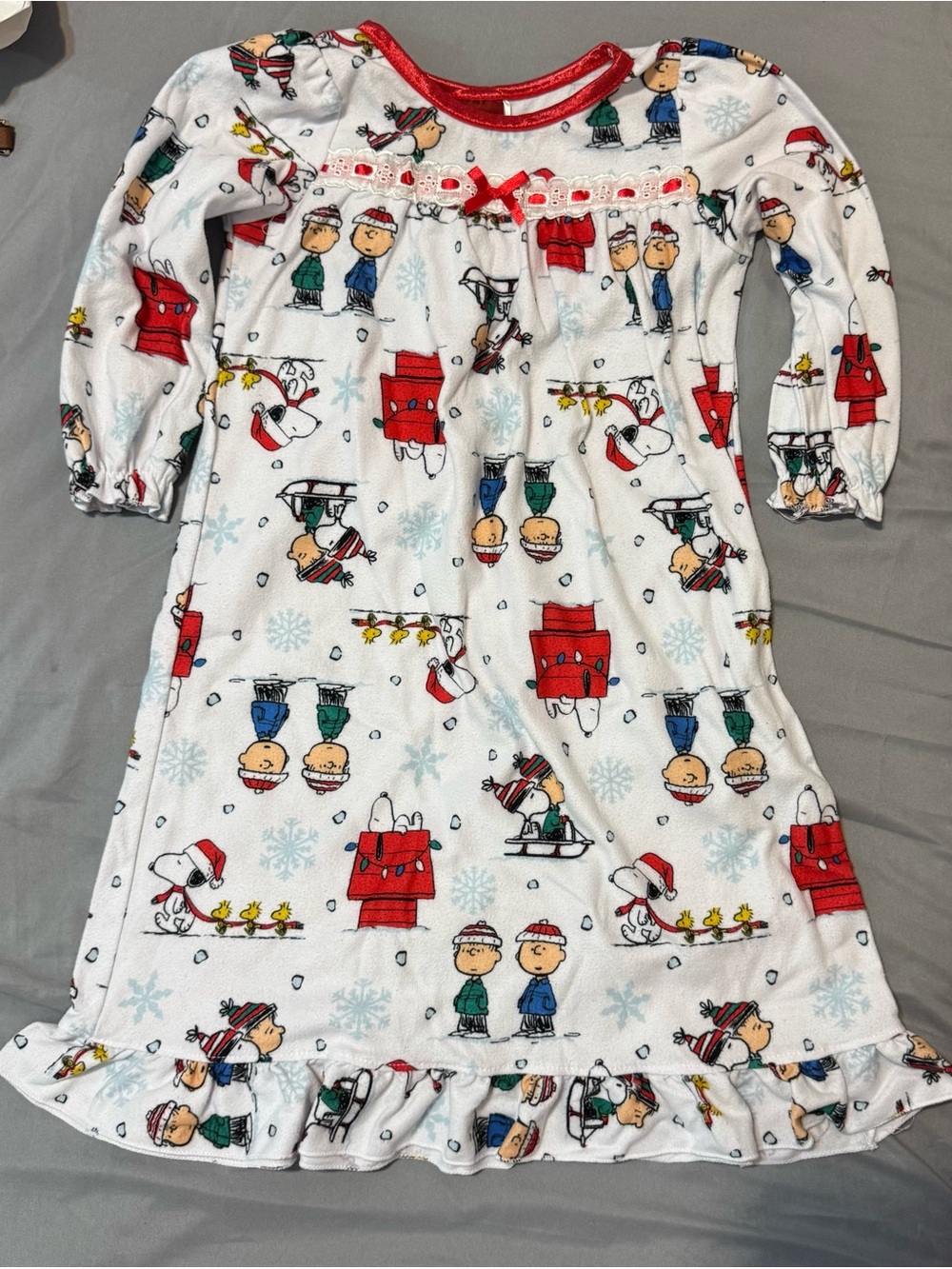 Peanuts Girls White Holiday Nightgown with Red Trim